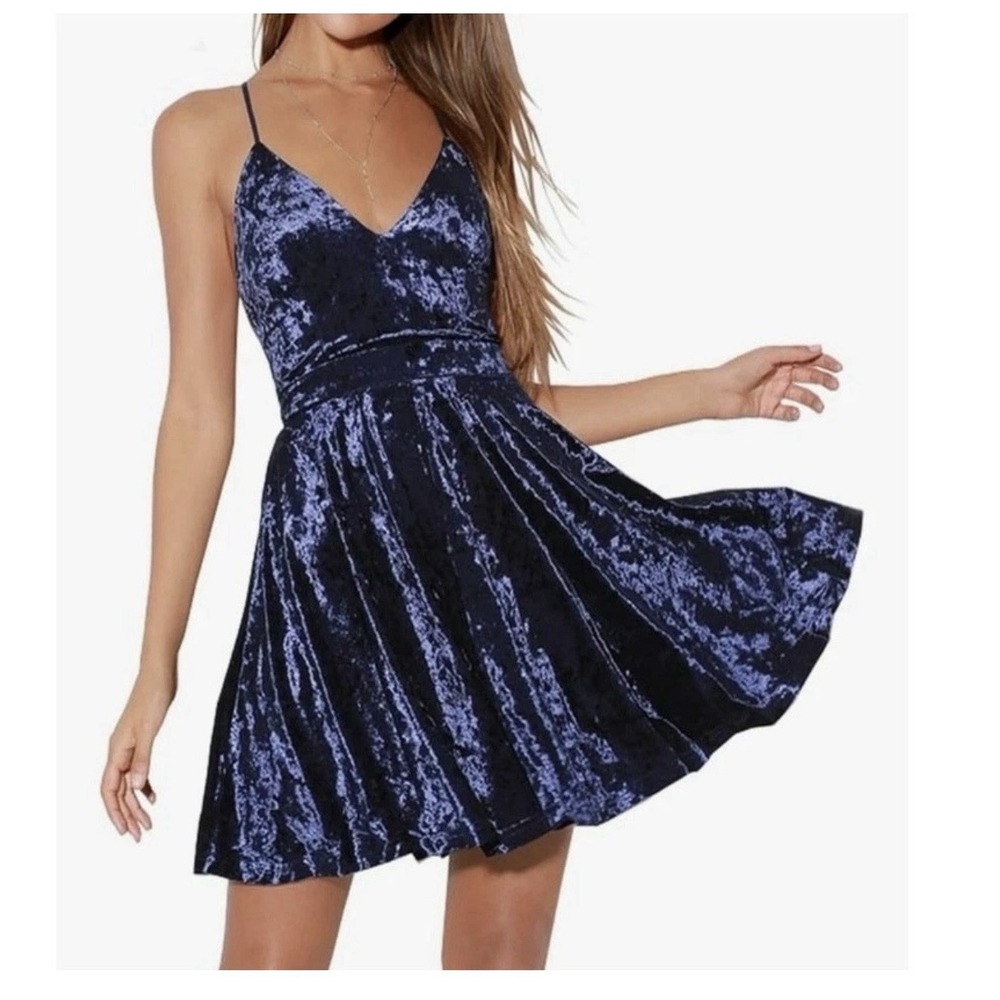 R. Vivimos Crushed Velvet Skater Dress Womens Size‎ M Blue Strappy VGC
